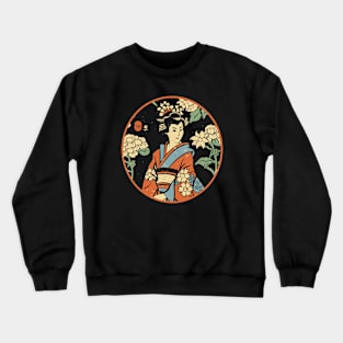 Woodblock print Japanese geisha in a temple garden Crewneck Sweatshirt